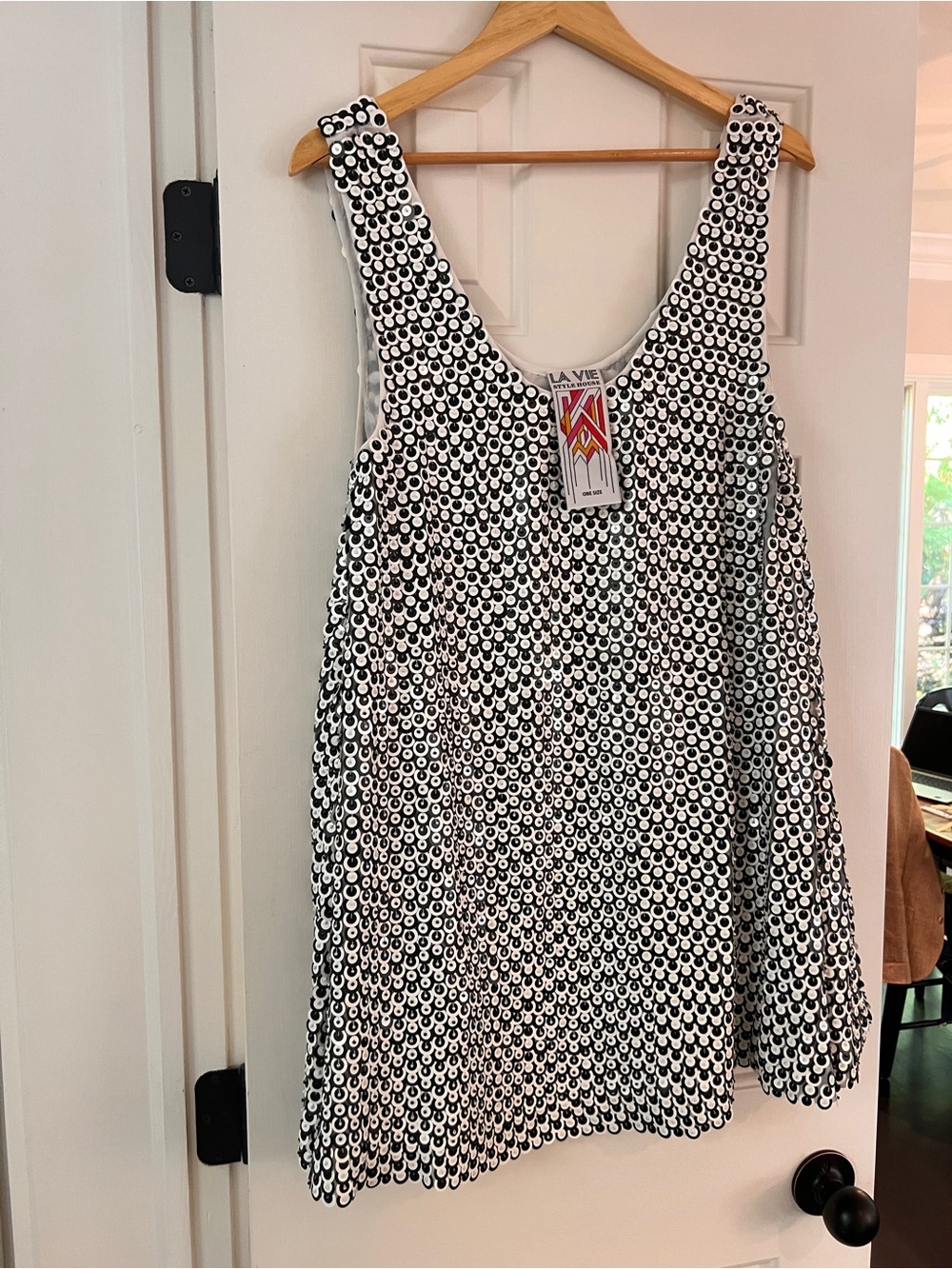 La Vie Sequin Scoop Neck Tank Top in Black and White